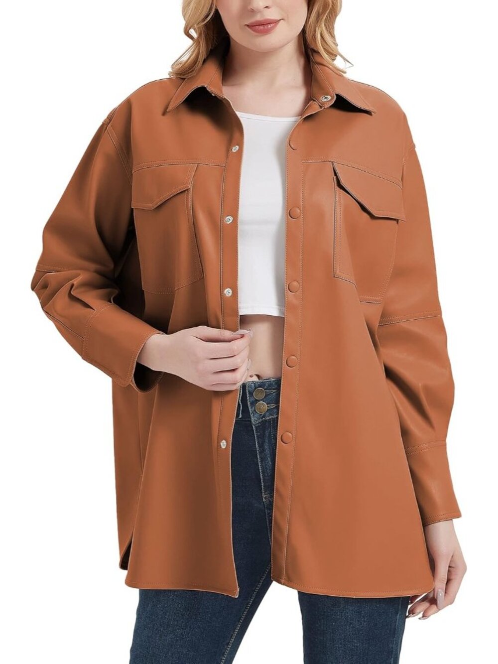 Women’s Brown Faux Leather Shacket Relaxed Fit Button Up Shirt Jacket